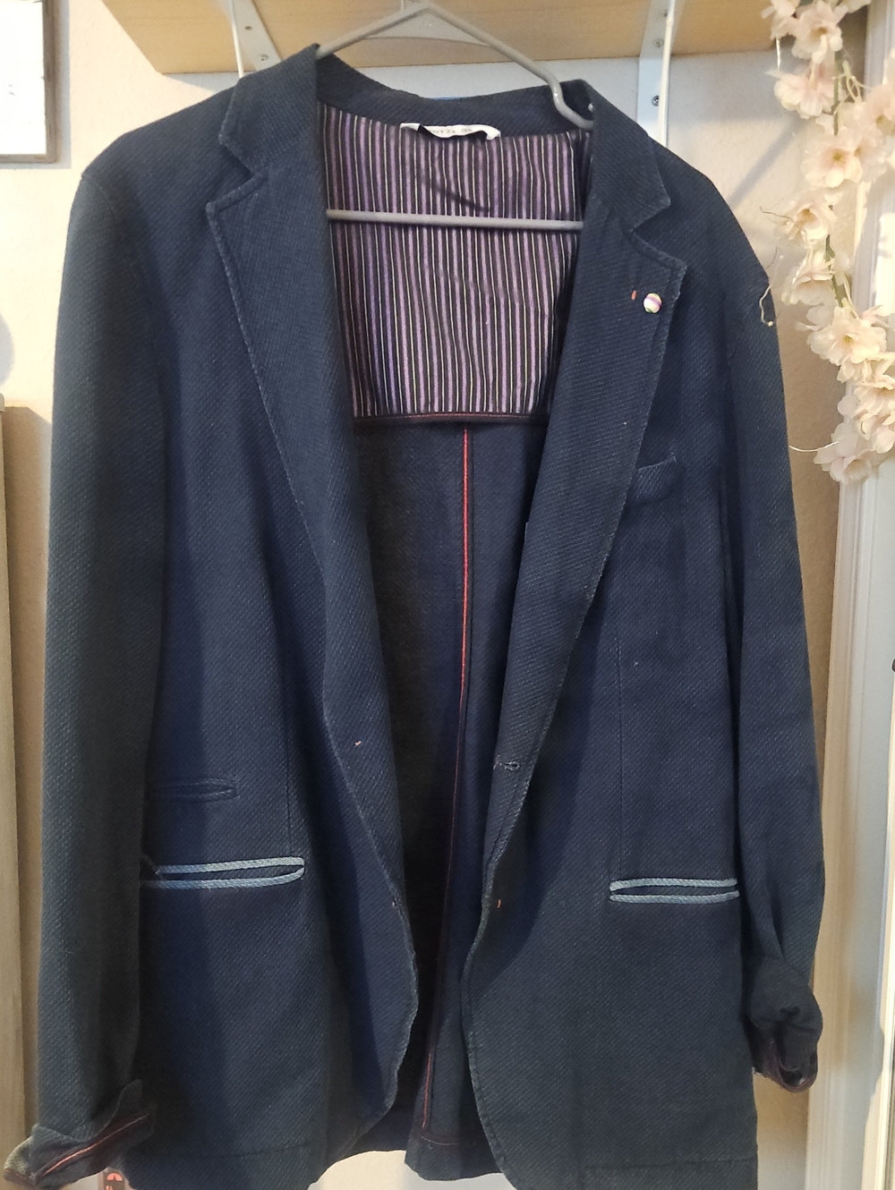 Navy Textured Blazer with Stripe Accents